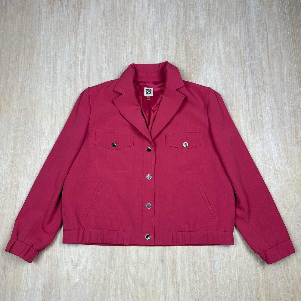 Anne Klein Fuchsia Pink Button Down Casual Career Chic Bomber Jacket Stretch 14